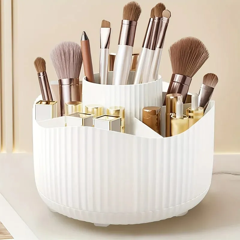 360-Degree Rotating Makeup Organizer 5 Slot Plastic Cosmetic Storage Elegant Stripe Versatile Holder for Brushes Office Supplies