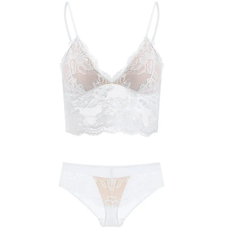 Ultra-thin French Lace Wireless Bra Set strapless Triangle Cup Slim Invisible Lingerie for Big Bust To Look Smaller and Stylish