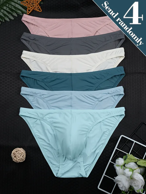 4-Pack Random Color Men's New Summer Casual Briefs, Men's Multi-Color Cool and Smooth Briefs, Men's Solid Color Breathable Comfortable Soft Briefs, Men's Stretchy Fitted Briefs