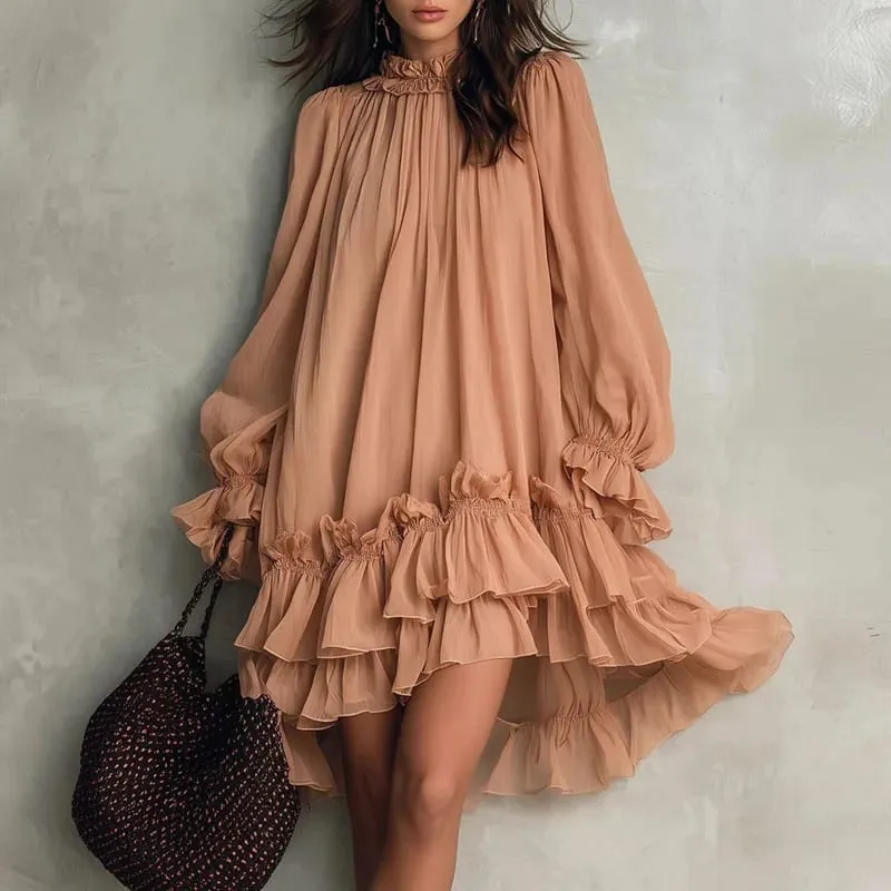 Boho Loose Swing Dress Ladies Ruffle O Neck Lantern Sleeve Multi‑Tiered Ruffle Hem Mini Dress Casual Beach Holiday Short Dresses