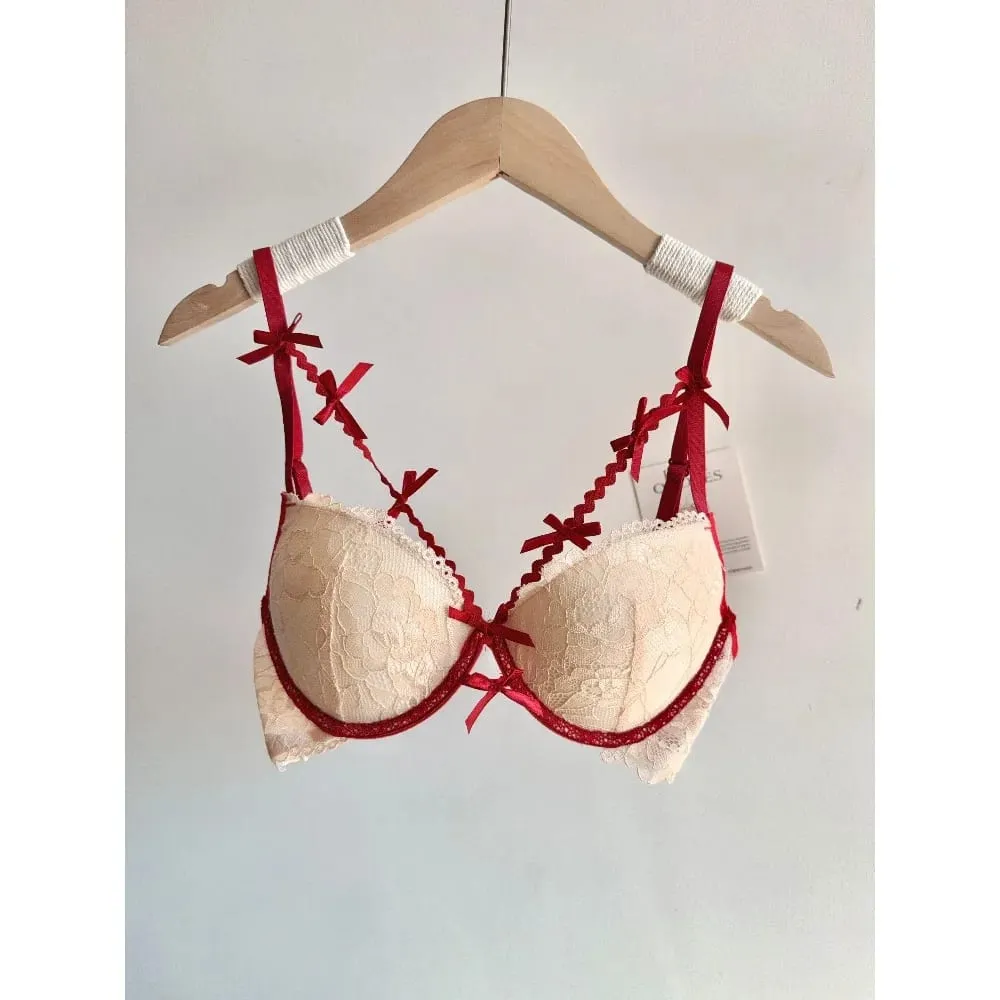 セクシーなWomen Wedding Red Lace Lingerie Set Bowknot Design Push Up Bra Small Bust Pure Style Party Intimate Underwear Suit 32-38AB — image 5
