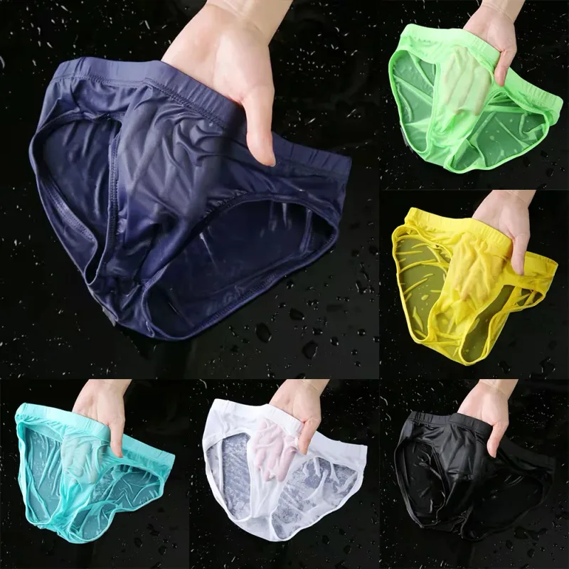 Cuecas masculinas sexy transparente de seda gelo, roupa íntima de secagem rápida em u convexa, cueca respirável de cintura baixa, resfriamento de verão — image 9