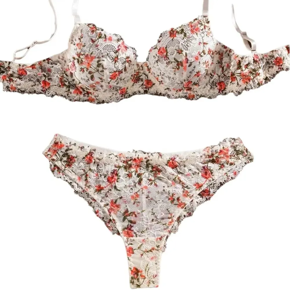 Conjunto de sujetador de encaje Floral ultrafino sin forro, ropa interior con anillo de acero transparente, lencería Sexy para mujer, sujetador de verano
