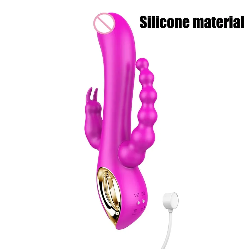 Silikone Rabbit Vibrator 3-i-1 G-Spot Clit Anal Beads Stimulator 10 Modes Støbende Vibrerende Sexlegetøj til Kvinder