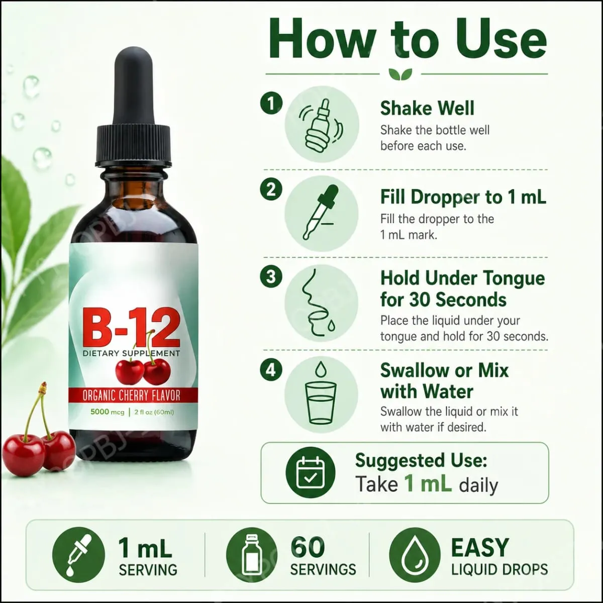 Cecair Vitamin B12 Methylcobalamin Menjatuhkan 5000 Mcg Perisa Ceri 2 Fl Oz 60 Hidangan Suplemen Harian Tanpa Gula Vegan