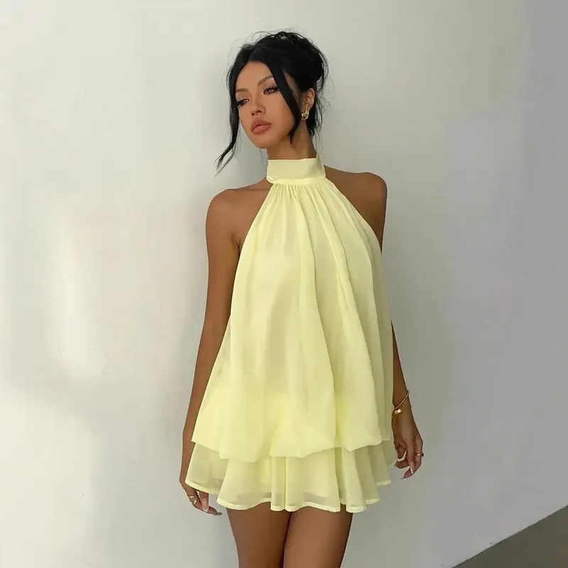 Women's Halter Neck Dress Backless Tie-Front Chiffon Sheer Mini Skirt Fashionable Sexy Y2K Vintage Cute Party Birthday Dress