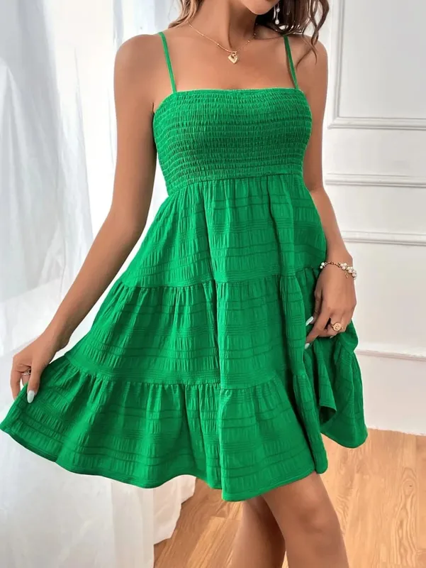 Women's Fashion Spaghetti Strap Smocked Bustier Mini Dress Blue Ruffled Tiered Swing Dress Summer Casual Vacation Beach Wear — image 14