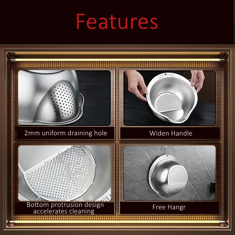 LFGB Certification Pure 316 Stainless Steel Kitchen Washing Basin 99.9% Anti-bacterial Vegetable Fruit Washer with Strainer
