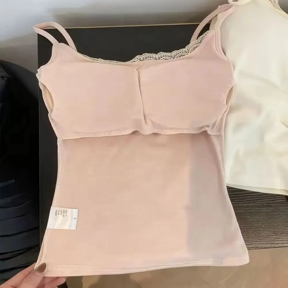 Sexy Lace Trim Slim Fit Camisole Vest With Chest Pad Fashion Women's Camis Tank Tops Summer Solid Color Versatile Integrated Top