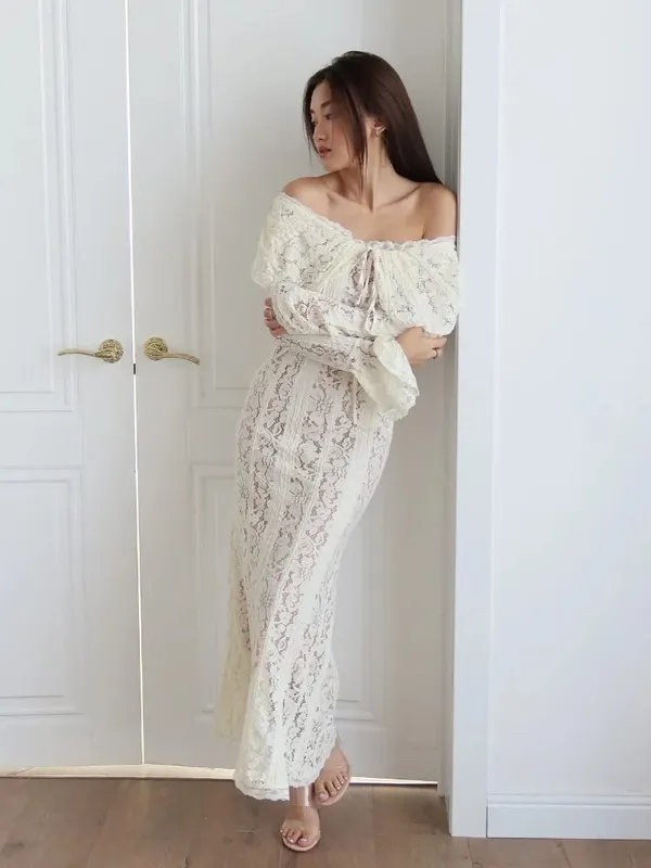 White Lace Patchwork Long Dress Women's Pleated Ruffle Sleeve Off shoulder bodycon See Through Vestidos 2025 Lady Party Gowns