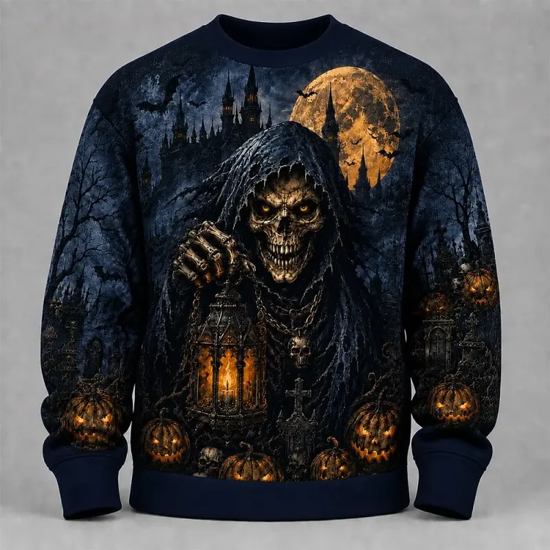 Fleece Sweatshirts Halloween Men's Skulls Sweatshirt Punk Party Gothic Crew Neck Vacation Blue Dark orange Brown Green