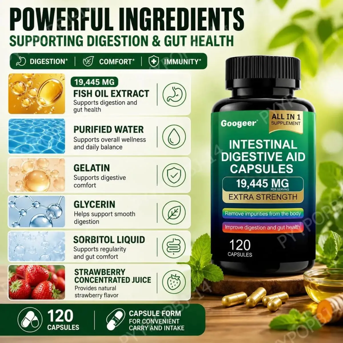 Googeer Intestinal Digestive Aid Capsules Fish Oil Extract Supports Digestion and Gut Health Supports Immunity 120 Capsules