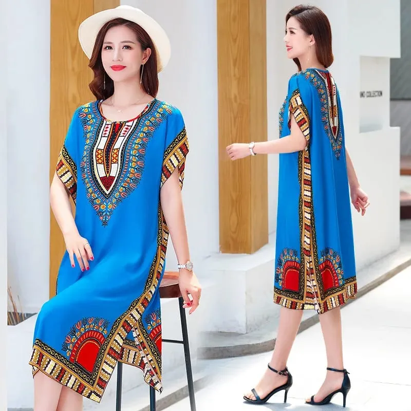 Summer cotton and silk dress medium and long bat sleeve loose large size beach dress mother dress belly and thin skirt women — image 5