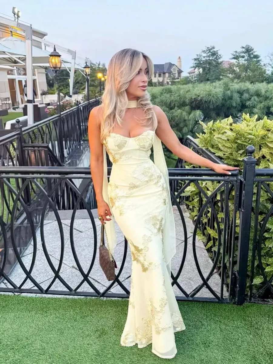 Mingmingxi Women Maxi Backless Dress Sexy 3D Floral Embroidery Mermaid Gown Yellow Formal gala Prom Party Dress Long