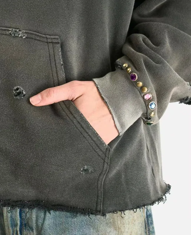 26SS Autumn Winter New Arrival Satoshi Nakamoto Hooded Sweatshirts Destructo Studded Washed Cotton Hooded Unisex Pullover — image 12