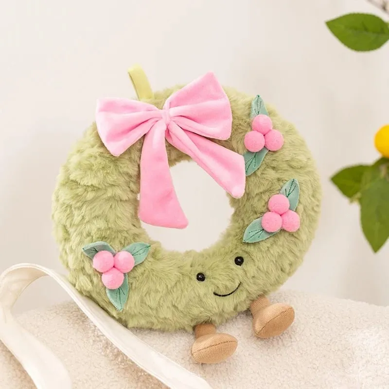 Sweet Green Wreath Plush Toy Stuffed Smiling Humanoid Pink Bow Tie Plushie Kawaii Home Decor Christmas Gift — image 4