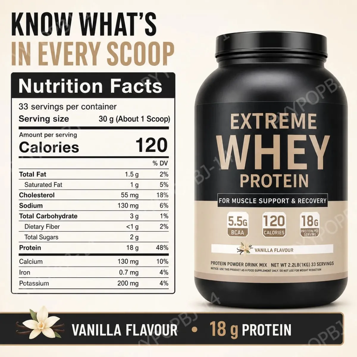 Whey Protein Powder 18g Protein 5.5g BCAA Vanilla Flavor for Muscle Support Recovery and Daily Sports Nutrition 33 Servings 1kg — image 3