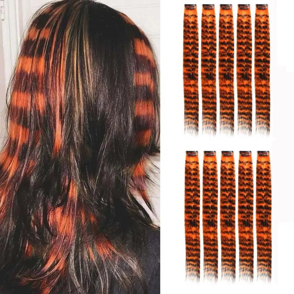 10pcs/set Stripe Printed Hair Colorful Long Straight Hair Pieces Synthetic Clip-in Hair Extensions for Daily Use Party Halloween — image 11