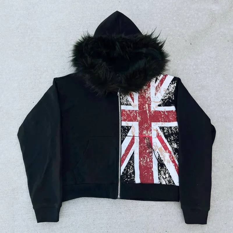 Retro Y2K Ins Fur Collar Printed Zipper Sweatshirt Long Sleeved Pullover Hoodie Street Trend Casual Retro Jacket