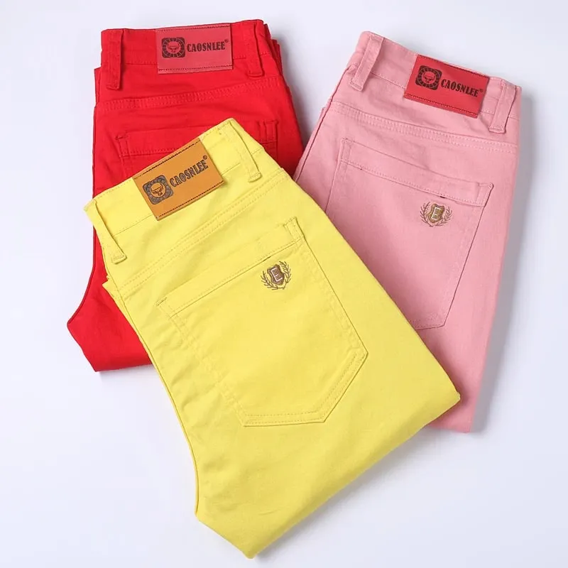 Elastic Cotton Slim Jeans Men Spring Korean Fashion Comfortable Casual Straight Leg Business Denim Trousers Yellow Pink Red — image 9