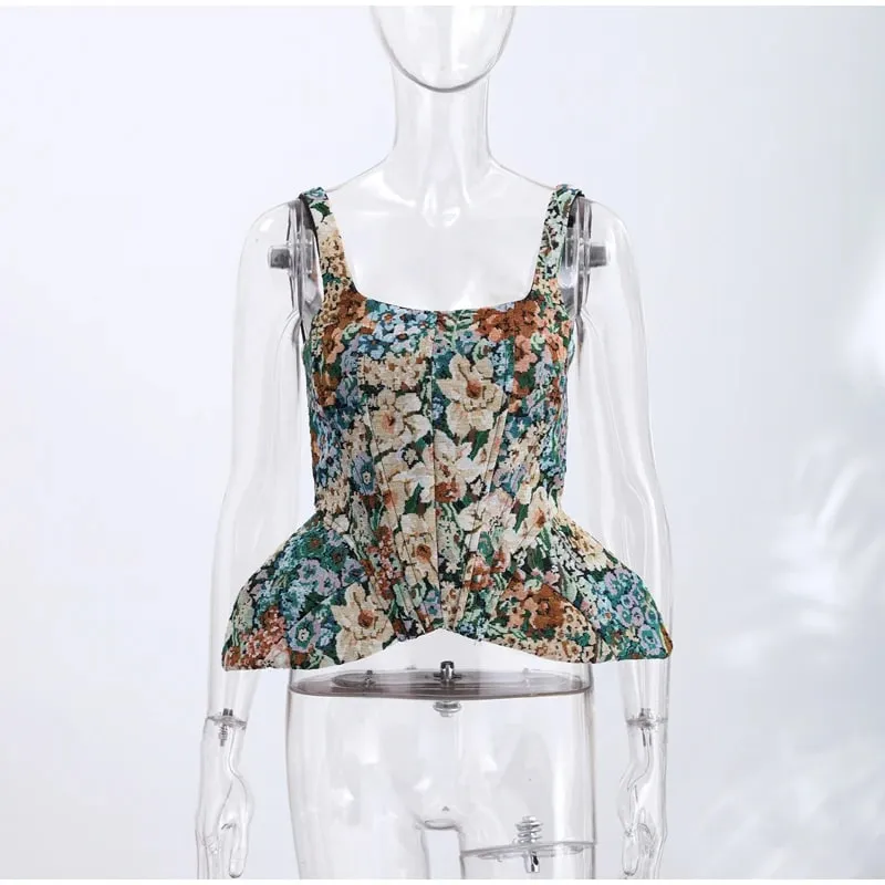 Vintage Floral U Neck Spaghetti Strap Corset Cami Top Curved Hem Fitted 2026 Summer Women Slim Tank Causla Versatlie Lady Top