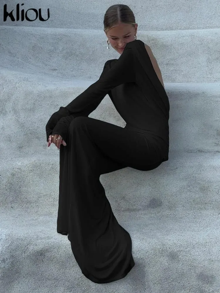 kliou Solid Elegant Women Maxi Dress Simple Fall Classic Trend Full Sleeve Swinging Backless Sheath Vestidos Mujer Evening Robe — image 6