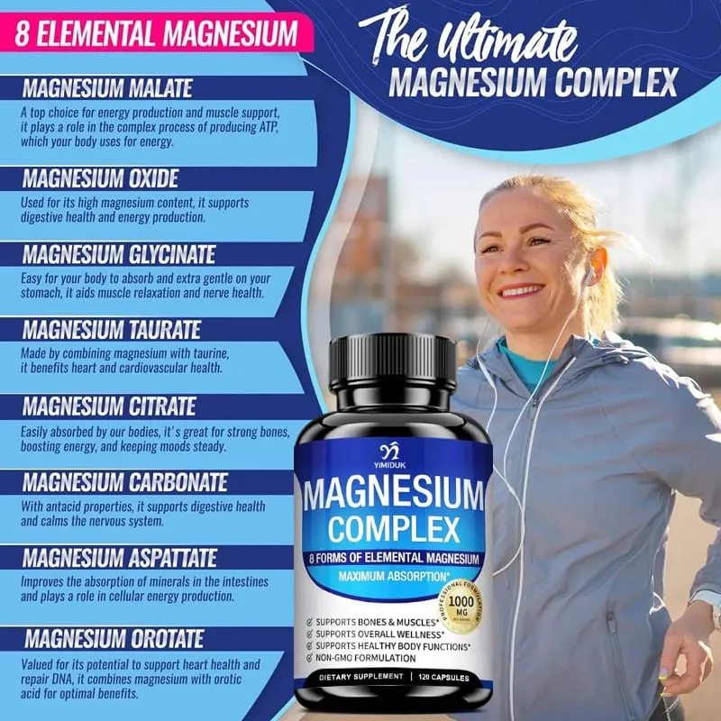 Suplemento Complexo de Magnésio 1000mg - Citrato de Glicinato de Magnésio Malato Taurato Quelatado para Ossos Energia de Recuperação Muscular — image 5