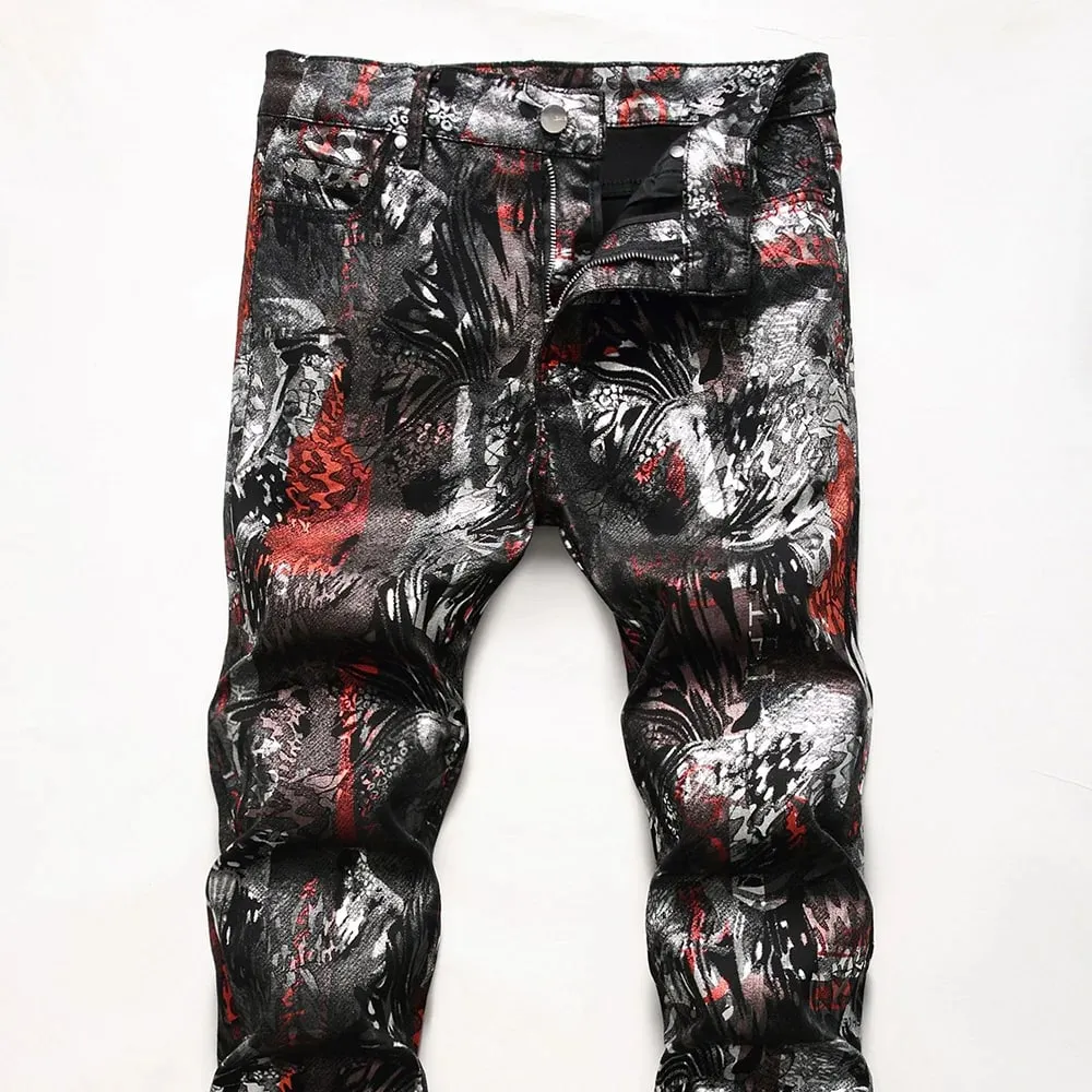 Men Coated Denim Jeans Fashion Shinny Leopard Abstract Pattern Printed Pants Slim Tapered Trousers