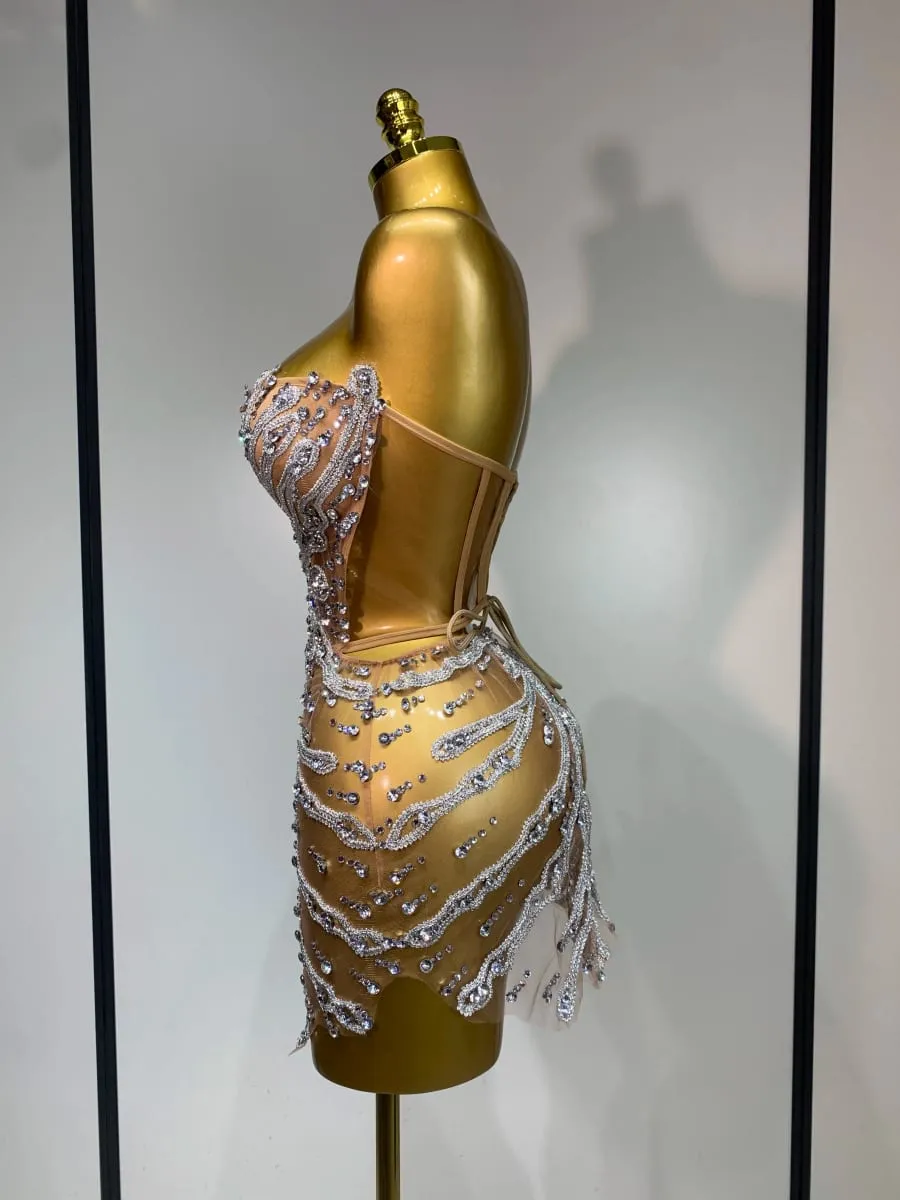 Women Sexy Strapless Rhinestones Mini Dress Performance Costume See Through Stage Dancer Club Evening Party Birthday Dress — image 3