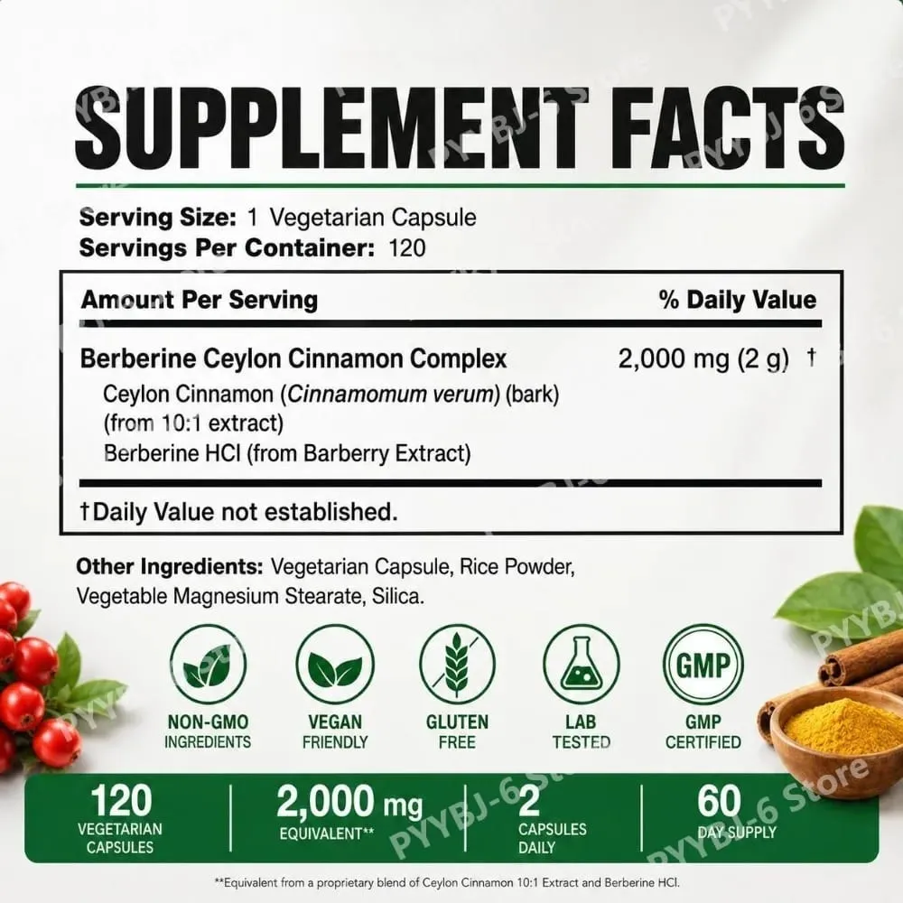 Berberin-Ceylon-Zimt-Komplex, 2000 mg, vegetarische Kapseln, gentechnikfrei, glutenfrei, tägliche Wellness-Ergänzung für Erwachsene, 120 Stück
