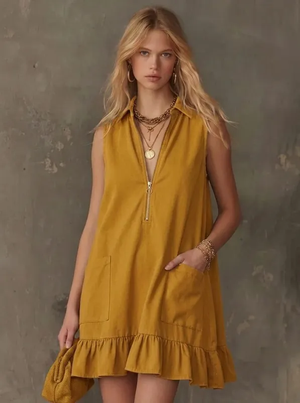 Women Sleeveless Zip V Neck Mini Dress Collared Ruffle Hem A Line Loose Dress with Pockets Summer Casual Dresses — image 4