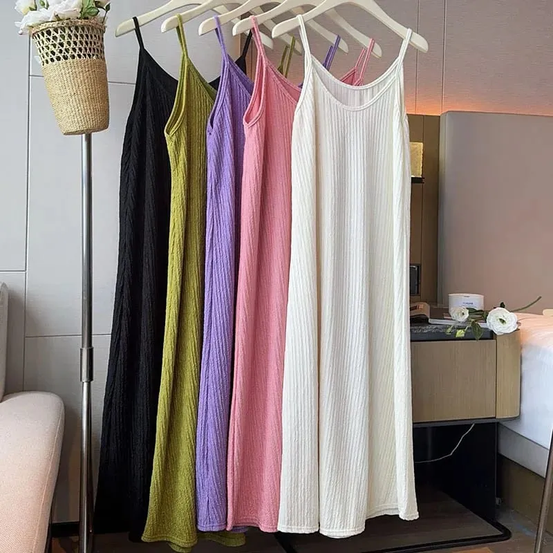 Women Spaghetti Strap Dress 2026 Summer Solid Color Loose Long Beach Sundress Lasy Elegant Sleeveless Evening Party Midi Dresses