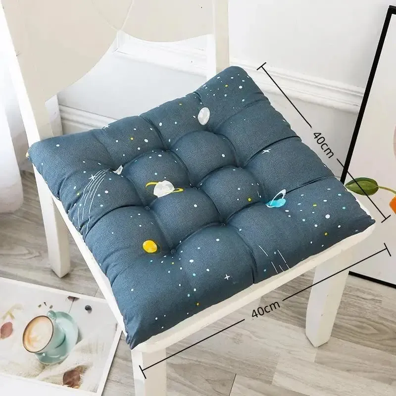 Non-deformable Thick Padded Square Seat Cushion Cute Cartoon Prints with Fixed Ties for Long Time Sitting