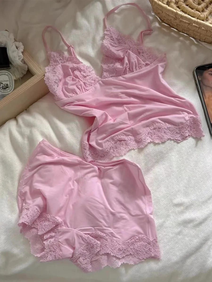 Pink Lace Trim Bra Sets Woman Sexy Triangular Cup Seamless Bras+Low Waist Boxer Briefs Solid Soft Comfort Underwear 2 Piece Set