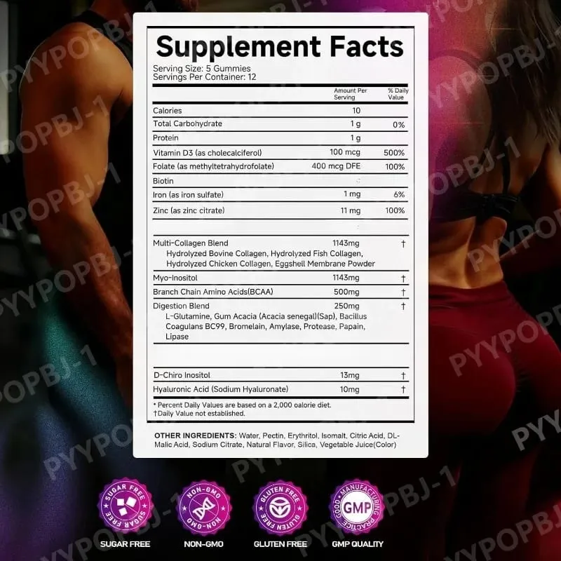 60 stuks creatinemonohydraat Gummie met collageen, biotine, vitamine D3 en hyaluronzuur, dagelijkse herstelondersteuning vóór en na de training