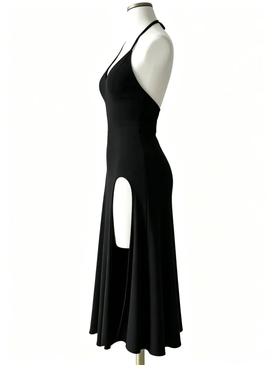 Atmospheric and Stylish Little Black Dress with Thin Halter Neck Deep V-Neck Waist-Cinching Design High Slits on Both Sides and a Flowing Slimming Long Gown