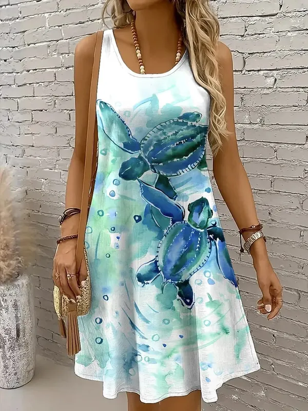 Women's Off Shoulder Sleeveless Crew Neck A-Line Mini Dress Turtle Print Casual Spring Summer Beach Vacation Dress — image 2