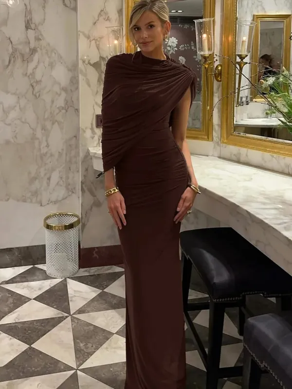 Hugcitar Women Fashion Turleneck Solid Short Sleeve Irregular Sexy Ruched Maxi Prom Dress Summer Clothes Evening Party Birthday — image 7