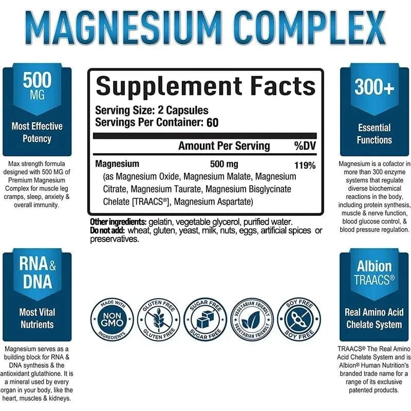 Magnesium Complex Capsules - Pandagdag sa Kalusugan ng Muscle at Cardiovascular na Stress sa Pagtulog at Formula ng Pagkabalisa — image 6