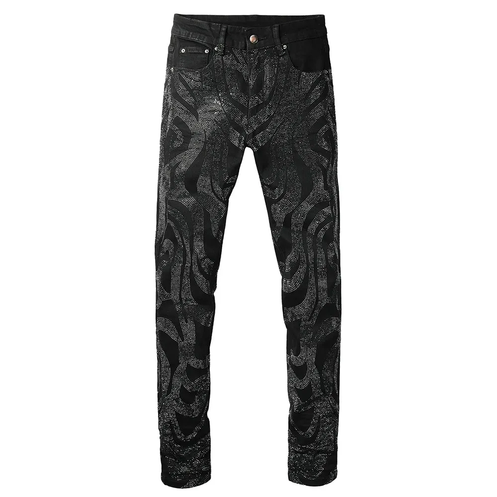 Men Crystal Denim Jeans High Quality Rhinestone Stretch Pants Streetwear Black Skinny Tapered Trousers