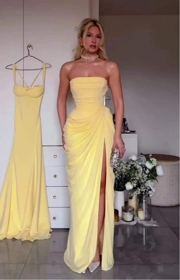 Mingmingxi Spring Summer Yellow Strapless Maxi Dress Ruched High Slit Evening Gown Bodycon Wedding Guest Party Dress Women