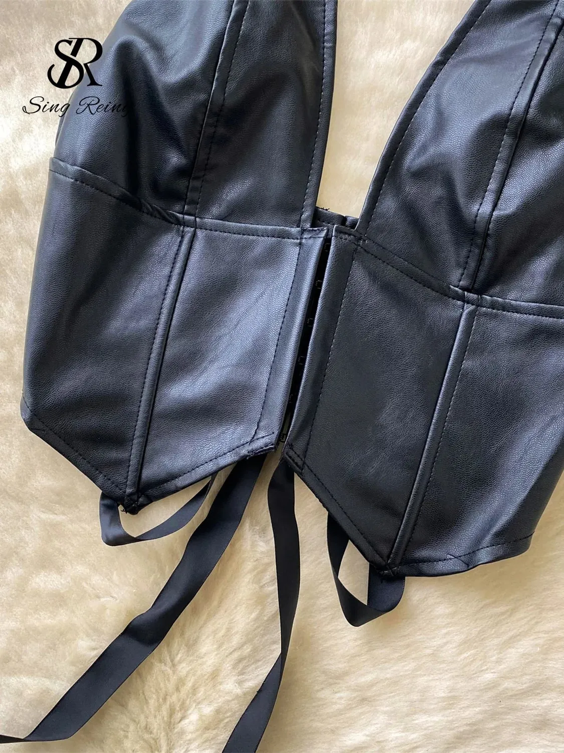 Halter PU Leather Vintage Top Women Deep V Neck Sleeveless Short Camisole Fashion Backless Lingerie Sexy Club Tank Top — image 4