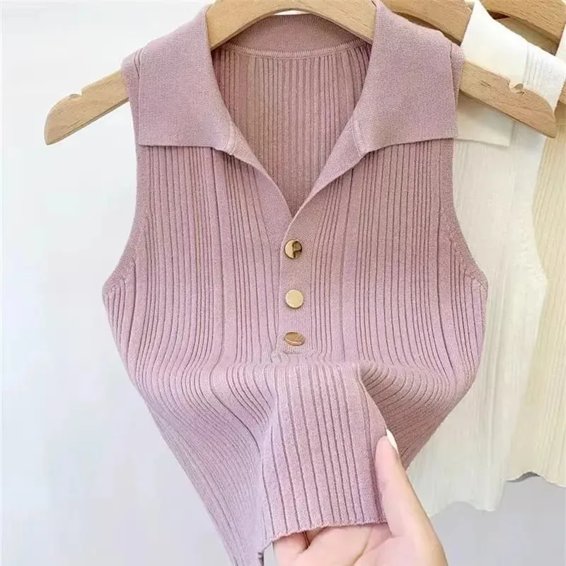 Zjaiss 2026 Spring Summer Slim Versatile Camisole Women's Polo Lapel Tank Tops Vest Ice Silk Knit Sleeveless Tops
