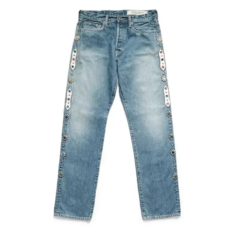 Hirata and Hiroshi 24SS Classic Rivet Set Diamond Vintage Jeans Casual Cowboy Gemstone Craft Men Pants — image 9