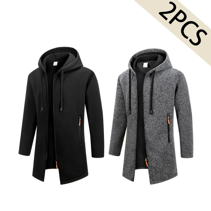 2Pcs Set Men Mid-Length Full Zip Hooded Jacket Fleece Lined Warm Coat with Drawstring Hood & Zipper Pockets Casual Outerwear for Fall Winter Daily Wear