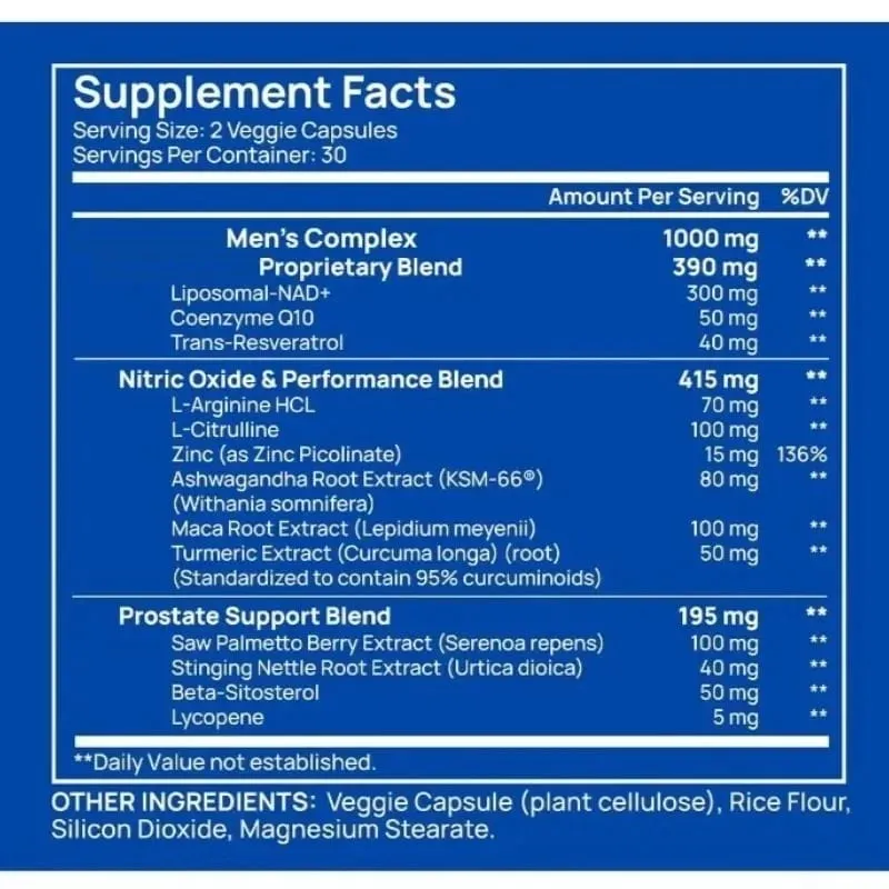 NAD+ Capsule for Men with Resveratrol CoQ10 & Zinc Nutrition Supplement Cellular Energy Antioxidant Support 60 Count Per Bottle
