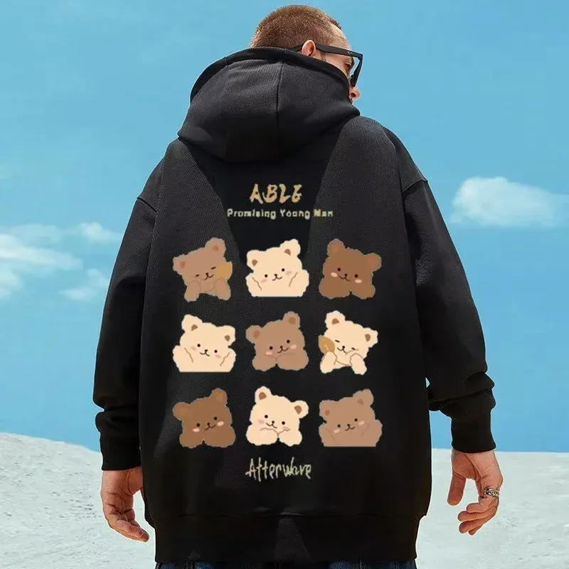 M-8XL estilo americano rua marrom bonito urso impressão oversized moletom com capuz casal estudante grande macio veludo com capuz camisola — image 3
