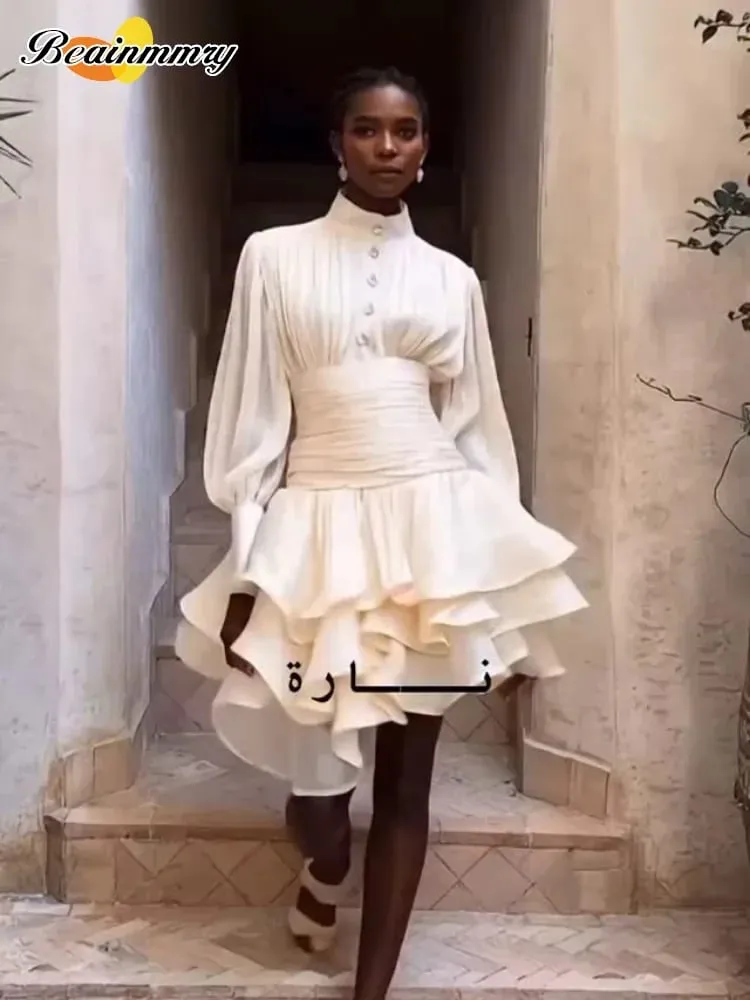 Cream Victorian-inspired Mini Dress Women Puff-sleeve Ruched Tiered Romantic Cottagecore Party Dresses 2026 Trendy Chic Outfit