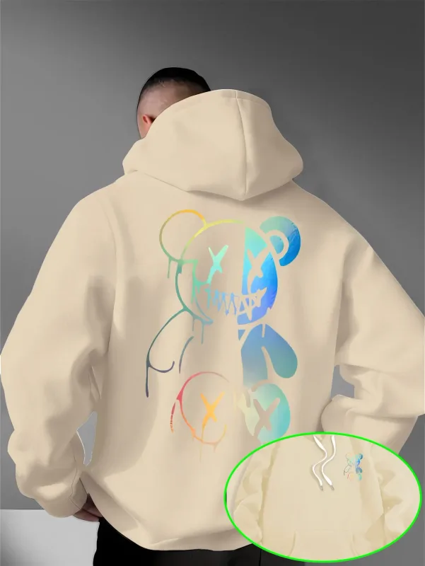 Loose Oversized Men Hoodies Holographic Split Evil Bear Front Back Dual Print Pullover Sweatshirt Dark Street Daily Hooded Tops