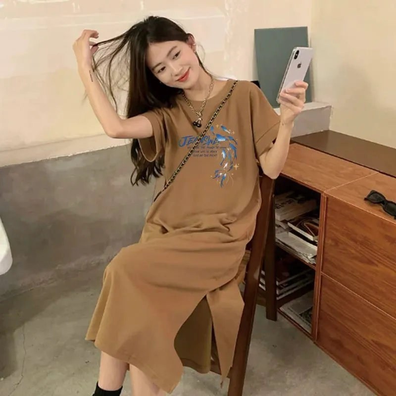 Korean Casual Maxi Tee Dress Blue Dolphin JEANS Letter Print White Loose Short Sleeve Long T-shirt Dress — image 6